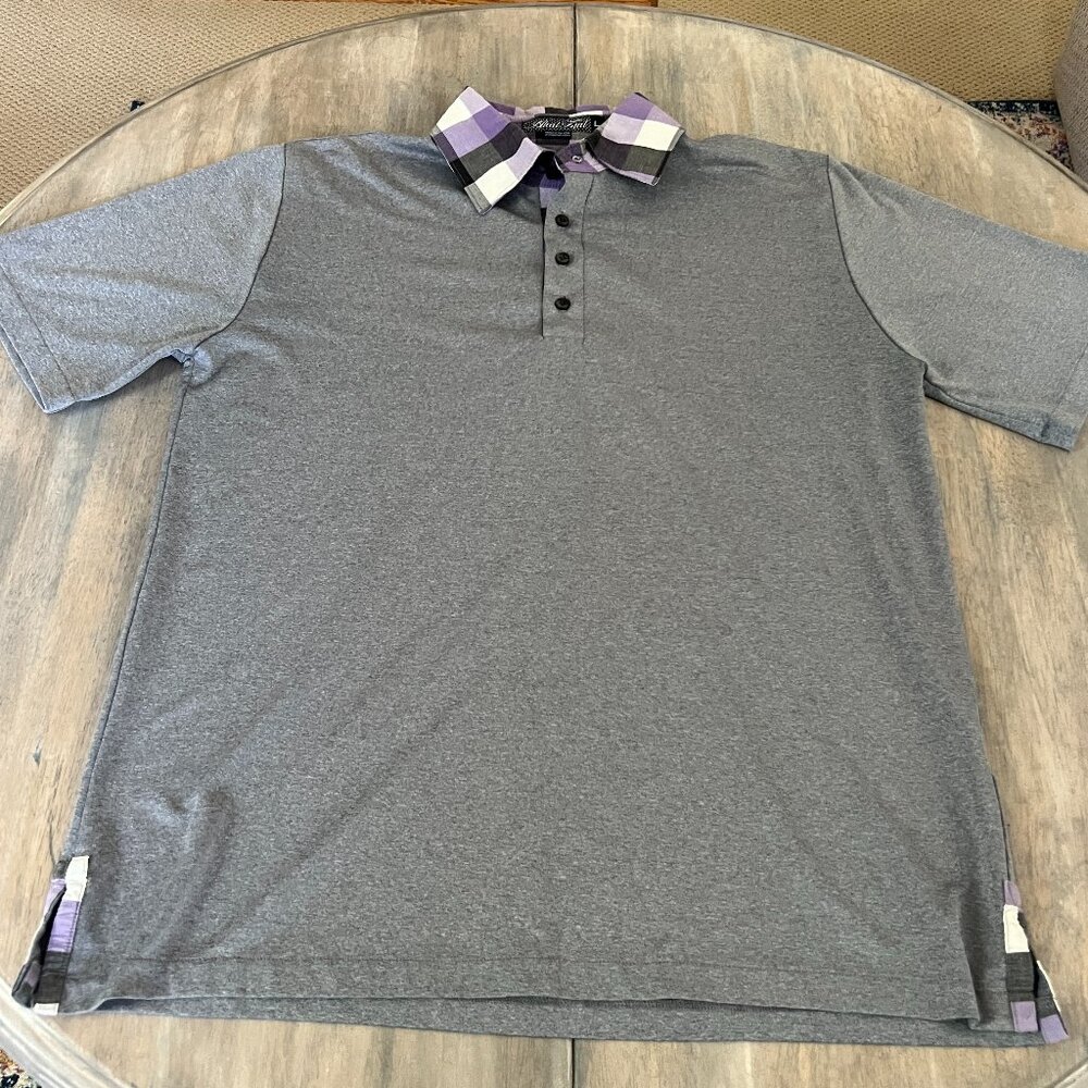 Alial Fital Men's L 4 Button Golf Polo Made in the US Gray w/Purple Check Collar
